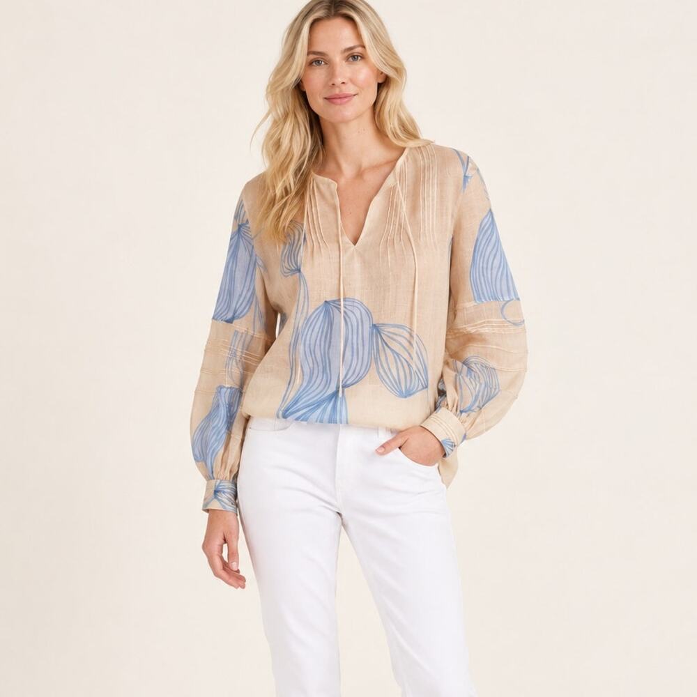 Lafayette 148 Eliza Leaf Print Ramie Blouse in Dune & Light Blue Size XS